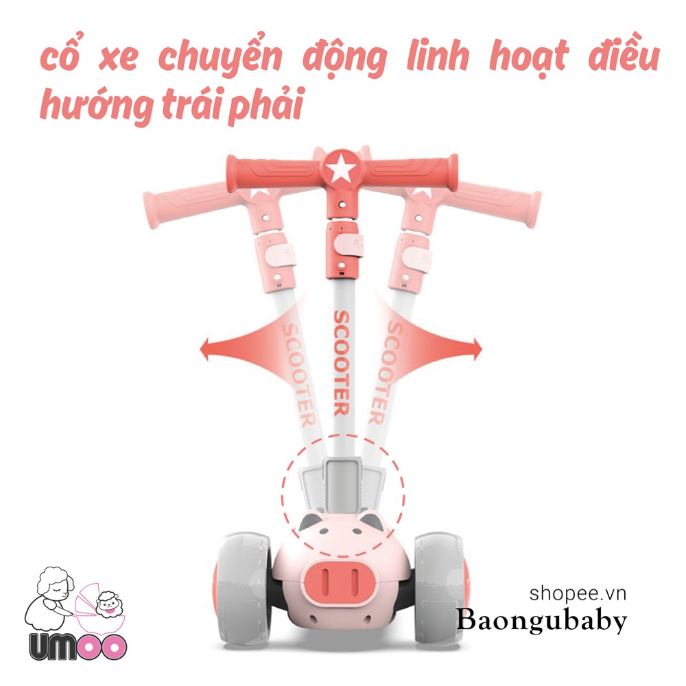 Xe trượt Scooter Umoo 2 trong 1 hình heo cho bé, vừa là xe scooter vừa là xe chòi chân