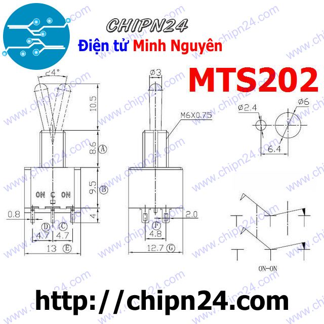 [2 CÁI] Công tắc MTS202 (Công tắc bật 2 nấc 6 chân, màu xanh 6A 125VAC)