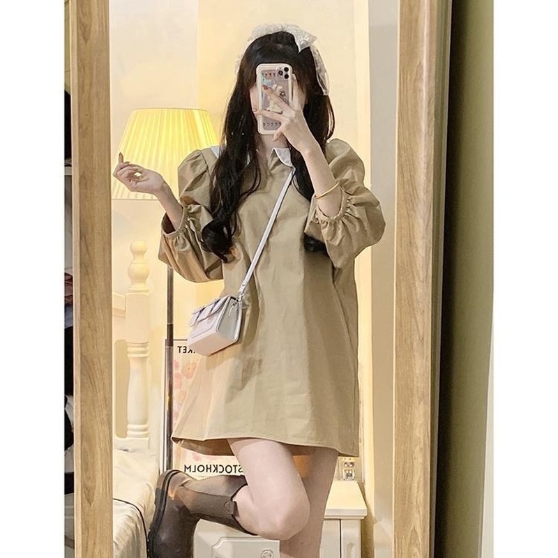 Đầm kaki dáng rộng cổ búp bê phong cách Retro Pháp