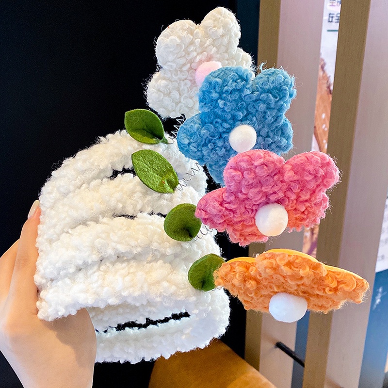 Băng đô lông cừu đính hoa nhỏ dễ thương ngọt ngào phong cách Hàn Quốc cho bé