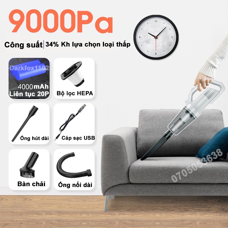 Máy hút bụi cầm tay mini, máy hút bụi giường, ô tô không dây HELLOLEIBOO lực hút 12000PA hút liên tục 20 phút MHB03