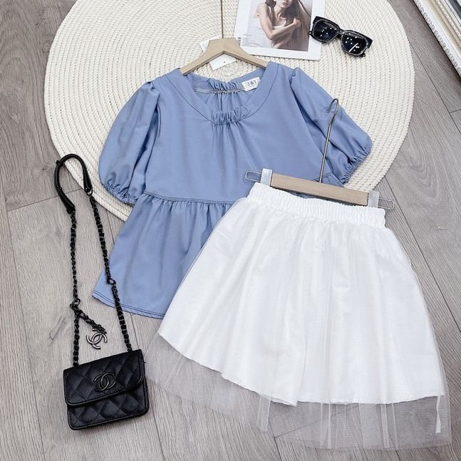 Set bộ áo babydoll xanh mix chân váy trắng phối lưới AH09
