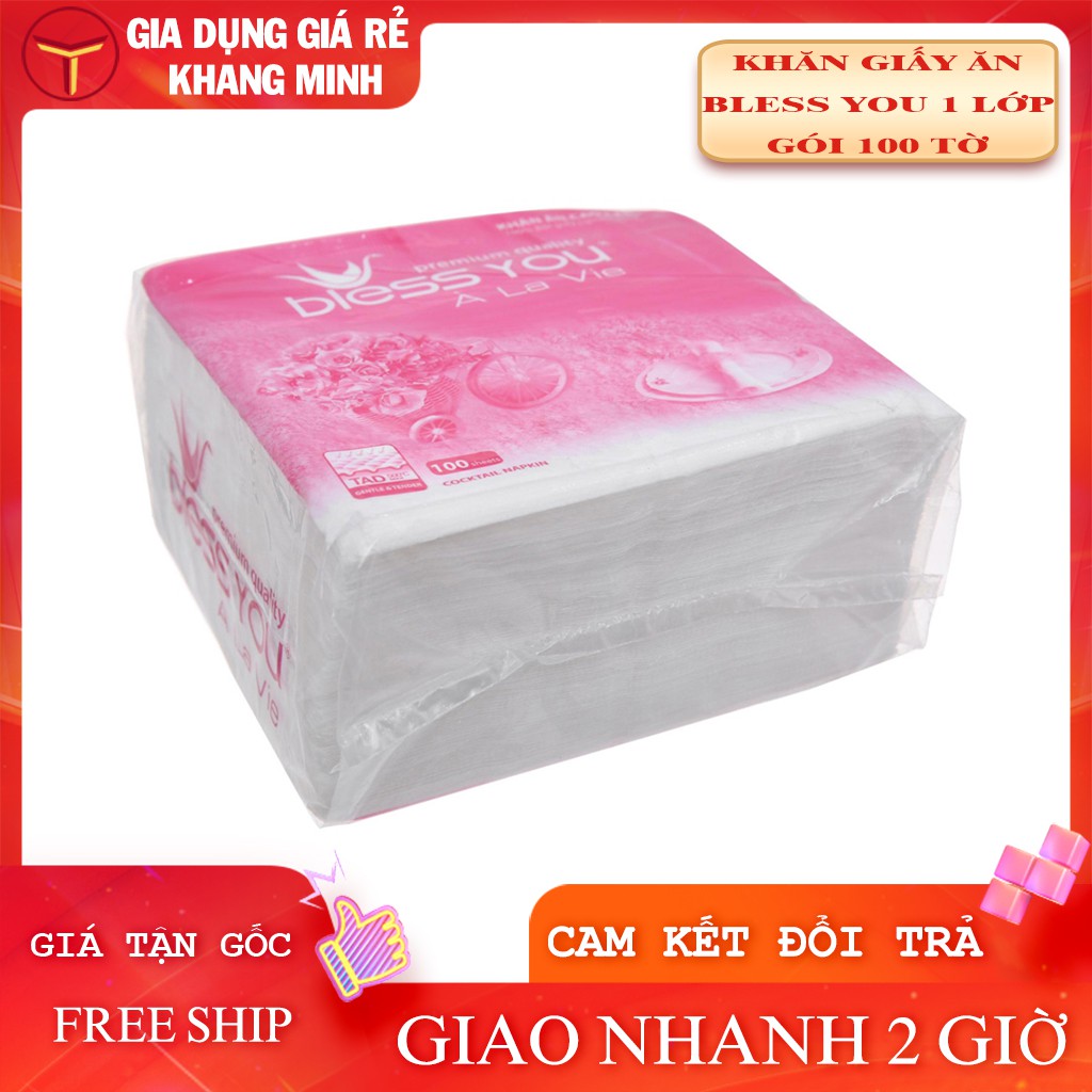 Khăn Giấy Ăn Bless You 1 Lớp Cao Cấp Gói 100 Tờ 23x23cm