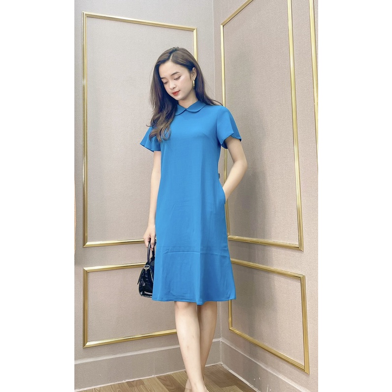 Đầm suông SEFA cổ sen màu xanh đơn giản, thanh lịch sft3007