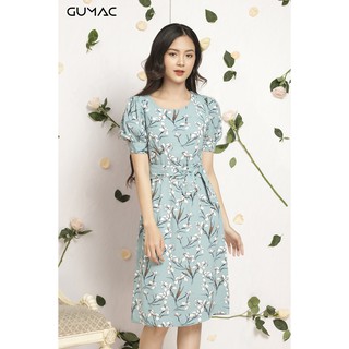 Đầm nữ họa tiết nơ eo gumac ms12015_xanh