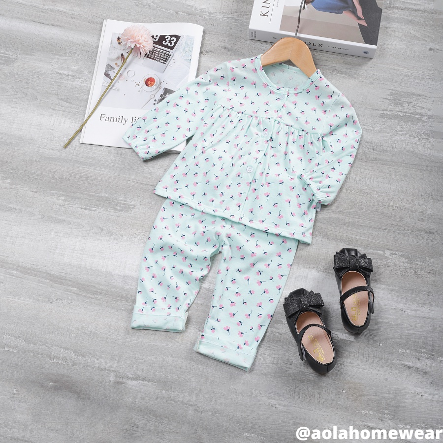 Bộ dài tay bé gái thun cotton, bộ babydoll bé gái mặc ngủ tay bèo cài nút Áo Lá Homewear A002