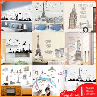Tranh decal, đề can dán tường nghệ thuật địa danh nổi tiếng các nước tháp eiffel trang trí phòng khách - quán caffe