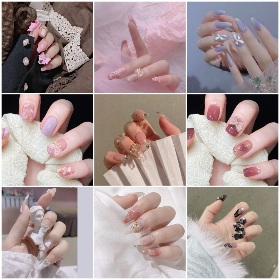 Móng giả đính đá Móng tay giả đính đá dài nhọn/Họa Tiết Trái Tim/ Nơ Thời Trang Có Keo Dán