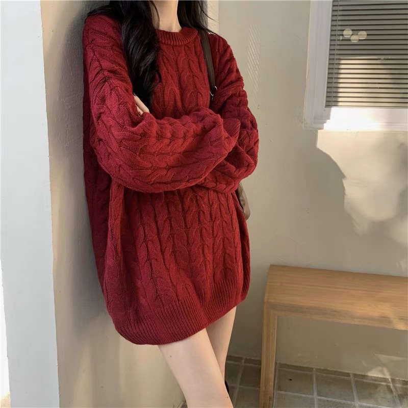 Áo len đỏ vặn thừng form oversize to rộng