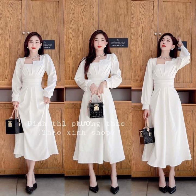 Váy đầm Vintage dự tiệc sang trọng dáng maxi ngực xẻ tay dài chất cotton Nhật đẹp V0034 màu trắng đỏ DENI DRESS | BigBuy360 - bigbuy360.vn