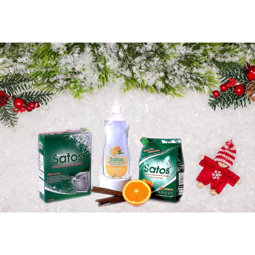 Combo 3: bột rửa bát hữu cơ Satos 1.5kg, nước làm bóng hữu cơ Satos 500ml và muối Satos 1.5kg