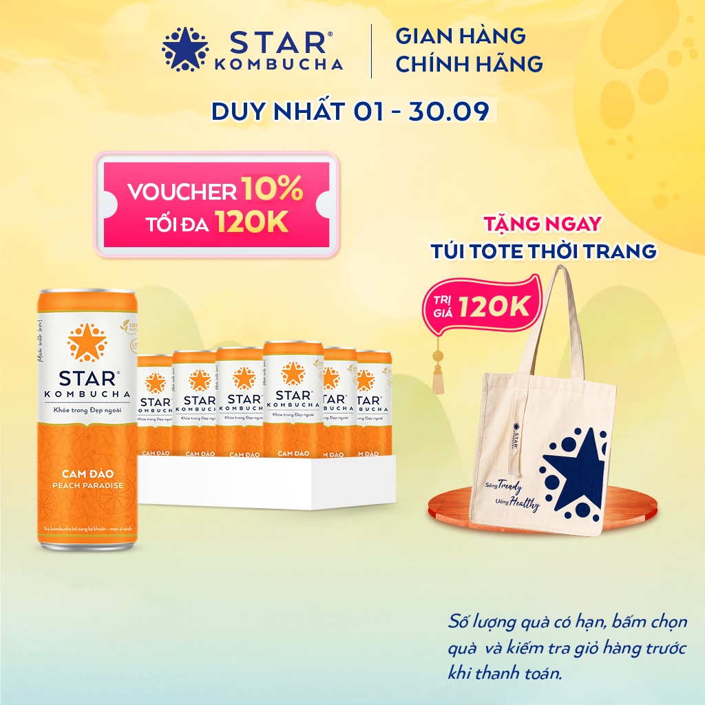 Thùng 12 lon STAR KOMBUCHA Cam Đào / Peach Paradise (250ml/lon)- Trà lên men vi sinh chứa probiotics bảo vệ sức khoẻ