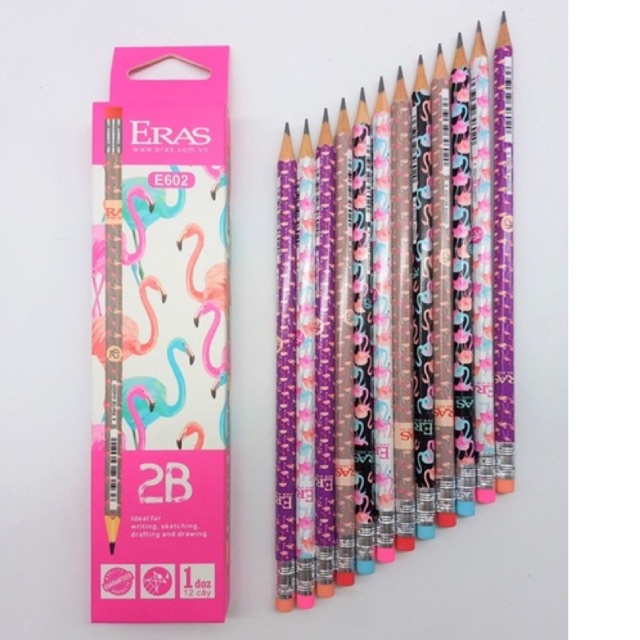 Bút chì gỗ 2B có tẩy mới Eras E602 Hồng hạc hộp 12 cái