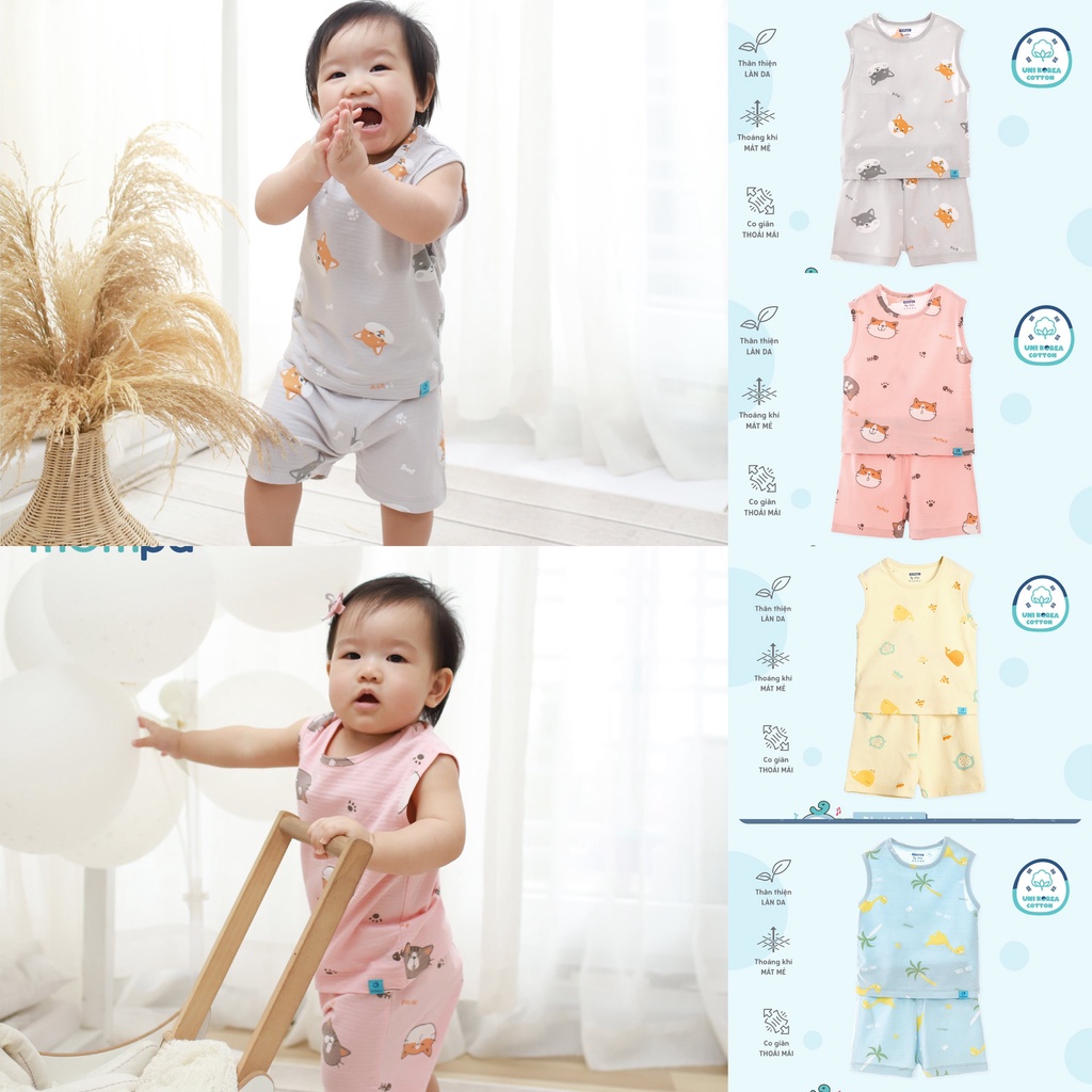 Bộ QA ba lỗ Mompa 4 màu chất liệu Cotton cho bé 1 tuổi đến 5 tuổi