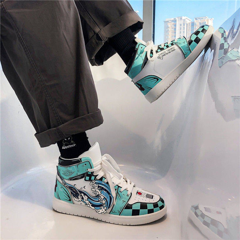 Giày Air Jordan cổ cao In Nhiệt Không Phai Xanh Trắng KIMETSU, Giày Sneaker Anime