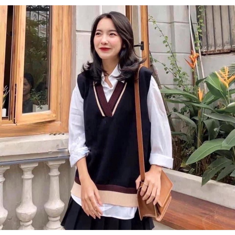 Áo Gile cổ tim basic phong cách Hàn siêu xinh