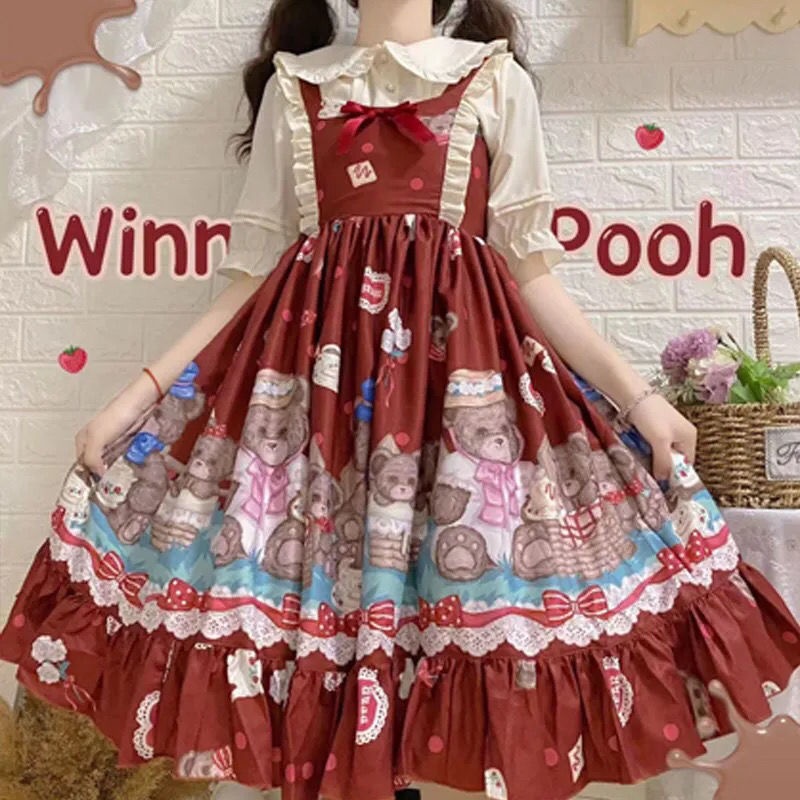 Đầm hai dây họa tiết gấu xinh xắn phong cách lolita dễ thương