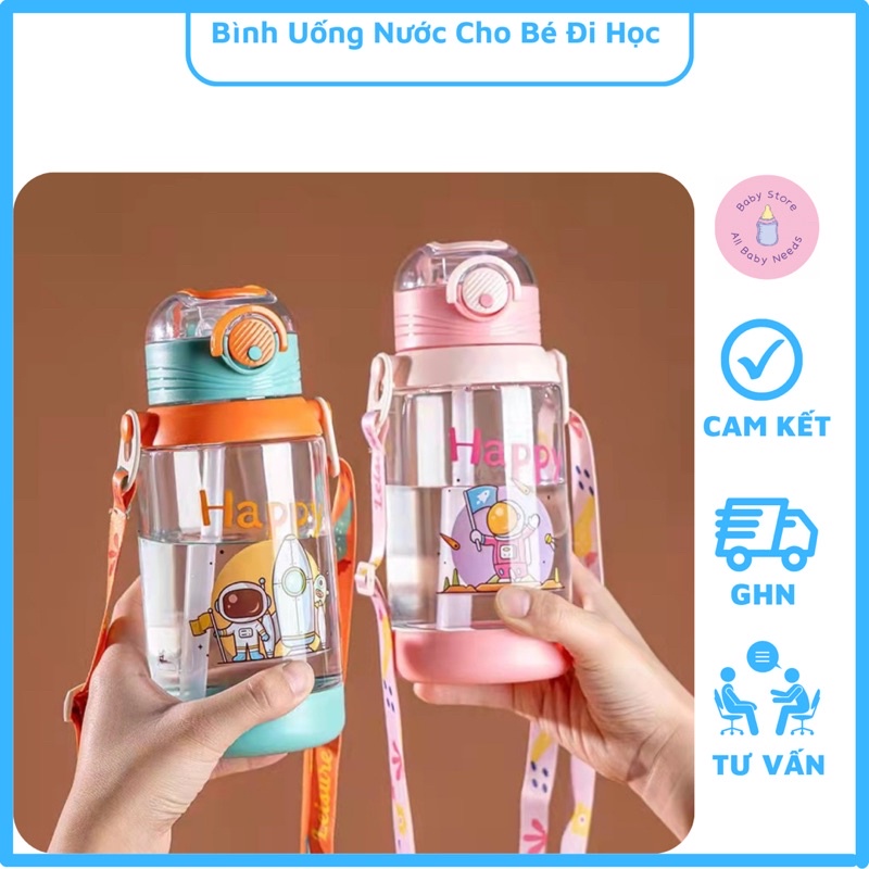 Bình Uống Nước Cho Bé Đi Học Có Ống Hút Và Dây Đeo