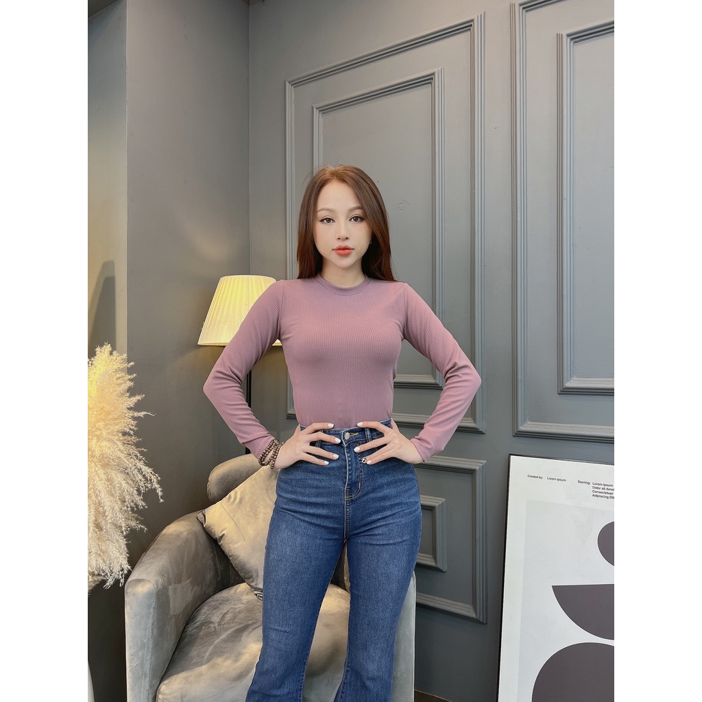 Áo thun body tay dài cổ tròn nữ CRAZYTEEN dáng dài AT0206