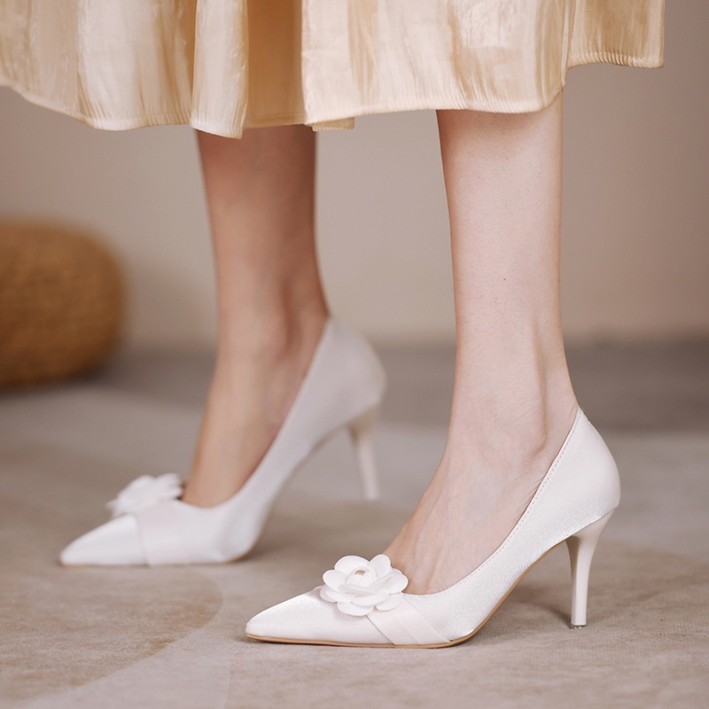 Giày Cao Gót 6cm 8cm Mũi Nhọn Vải satin Màu Trắng Phong Cách Pháp Thanh Lịch
