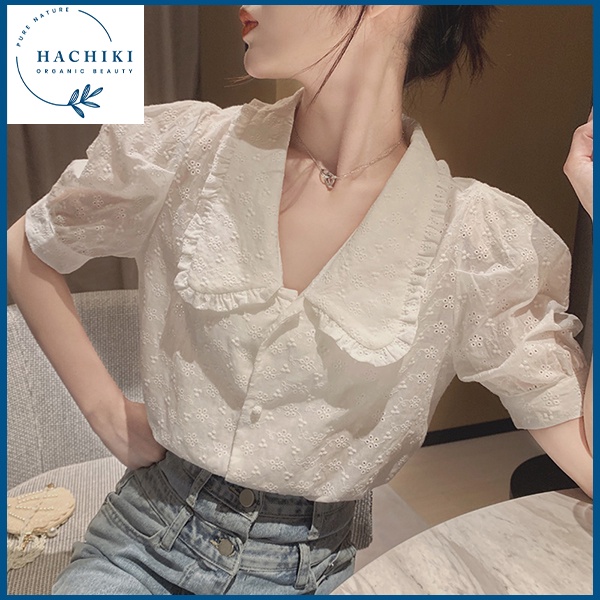Áo sơ mi nữ kiểu form rộng màu trắng, thời trang cao cấp HACHIKI Áo sơ mi vải ren đẹp