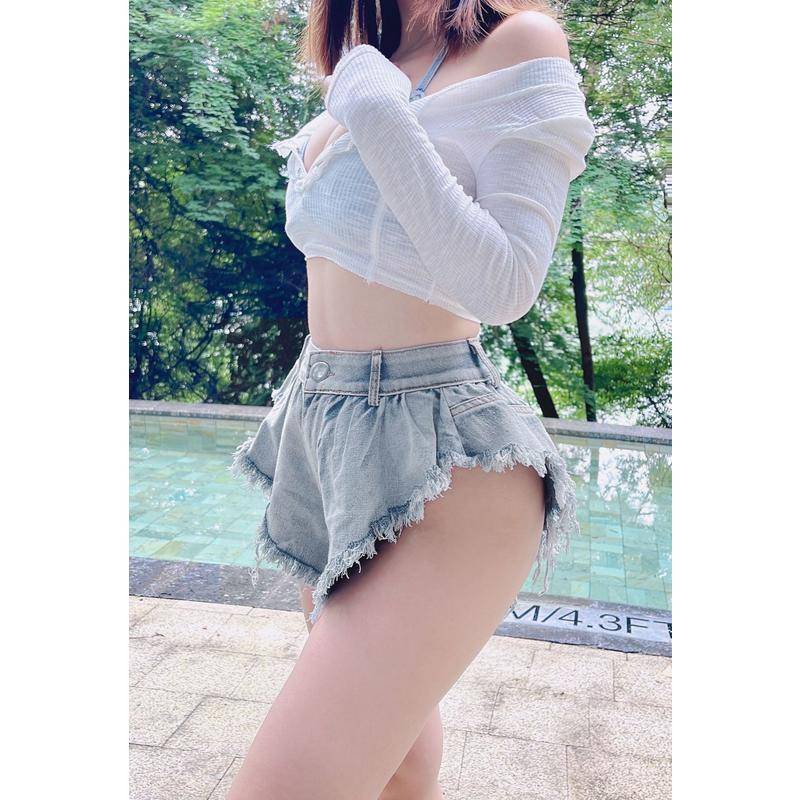 6011# Quần Short Denim Lưng Cao Plus Size Thời Trang Mùa Hè Cho Nữ