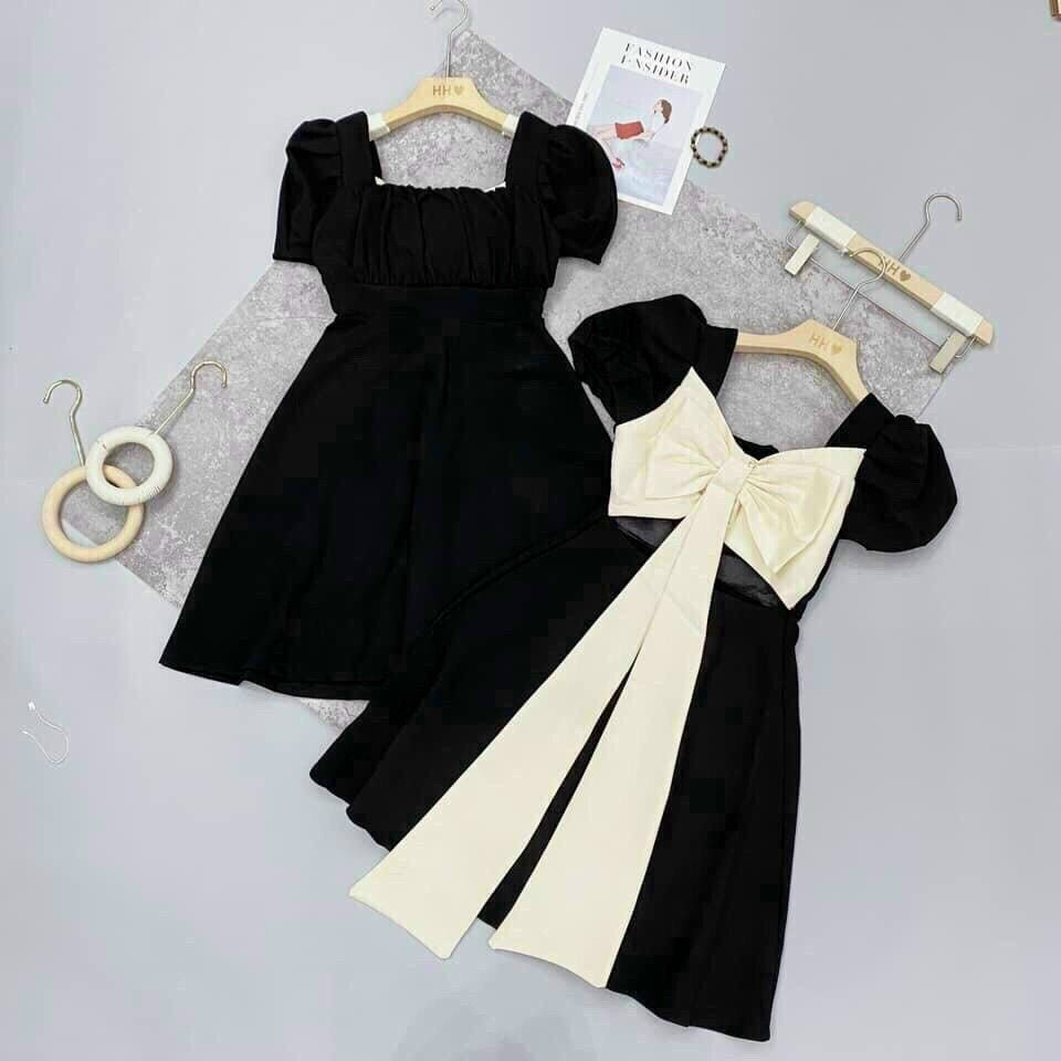 Đầm thun phối nơ hở lưng ôm eo dáng xòe, đầm kiểu phối nơ vải thun