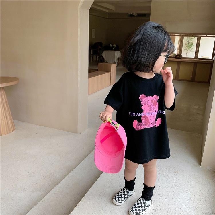 Đầm cổ tròn in hình gấu hoạt hình dễ thương thời trang mùa hè cho bé gái