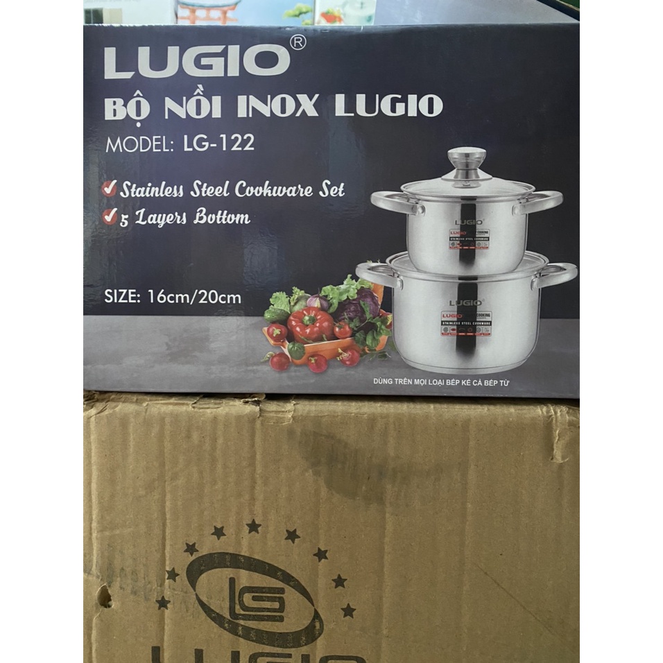 bộ 2 nồi inox 5 đáy thân cao lugio 16cm/20cm