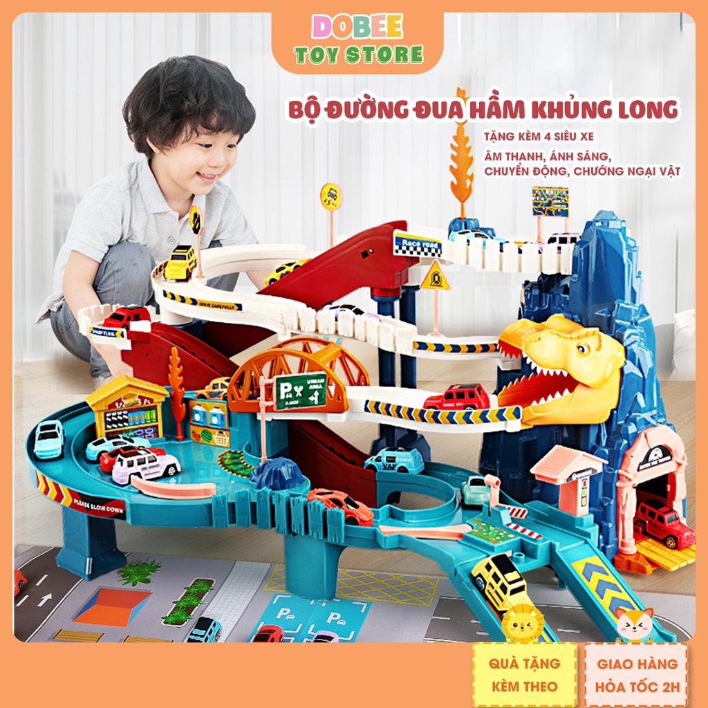 Đồ Chơi Đường Đua Cao Tốc Đường Hầm Khủng Long Cỡ Lớn, Đồ Chơi Đua Xe Ô Tô Mô Hình Cho Bé