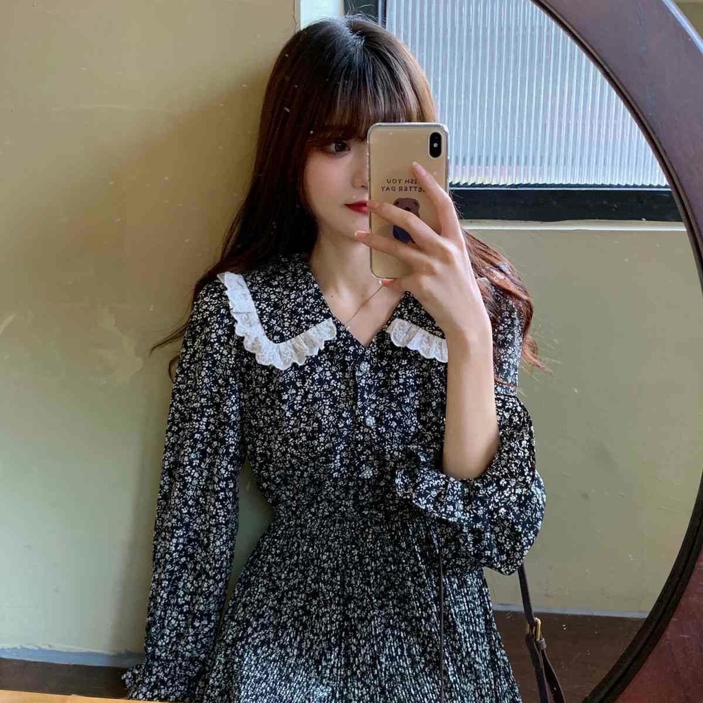 Đầm Hoa Cổ Chữ v Rộng Thời Trang retro Mùa Thu Năm 2021