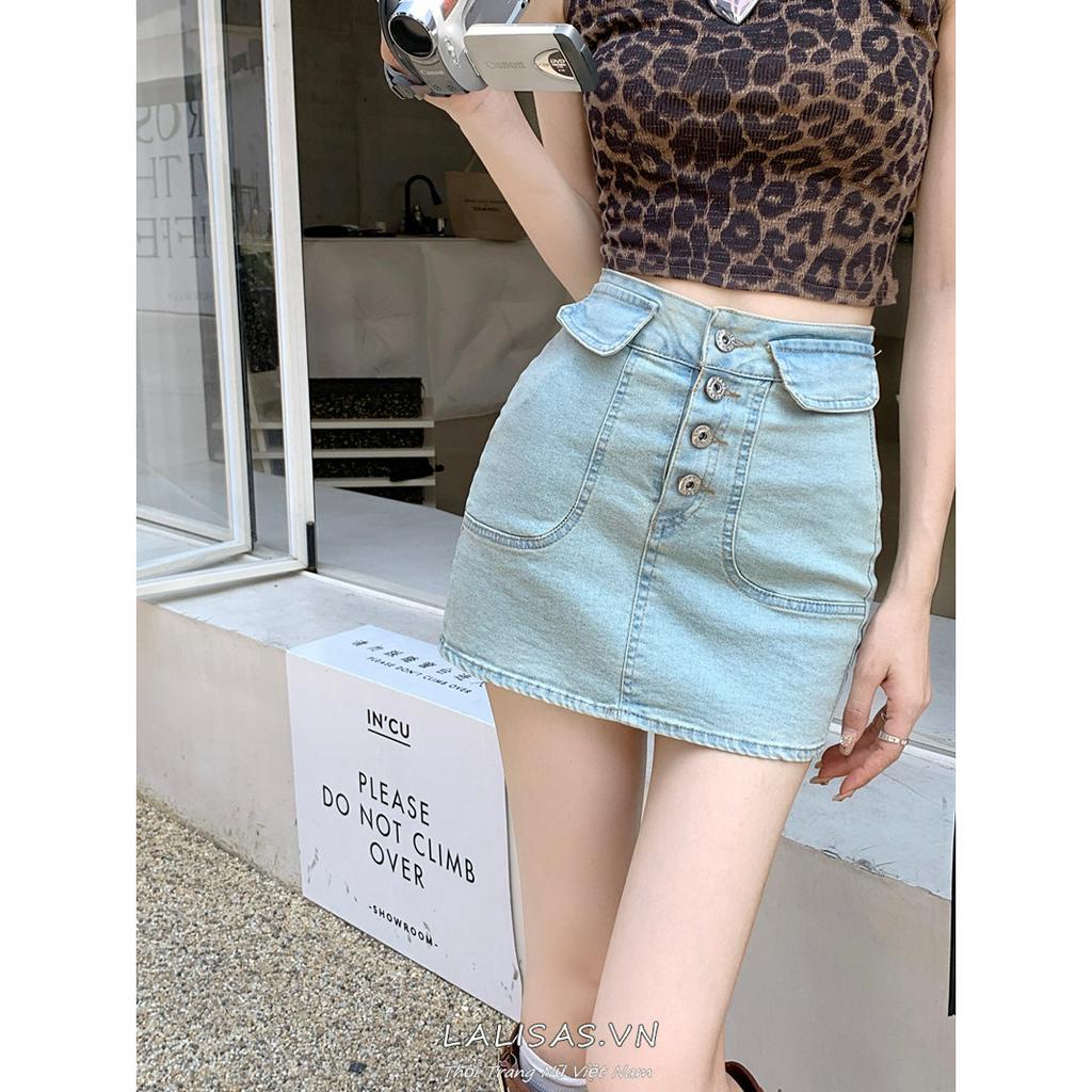 Lalisas Chân váy jean Ngắn Lưng Cao Phong Cách retro Mỹ Cho Nữ