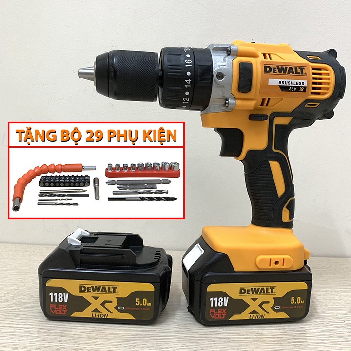 Máy khoan pin Dewalt 118V 3 chức năng, Có búa, Pin chuẩn 10 Cell, Động cơ 775, Tặng 29 phụ kiện
