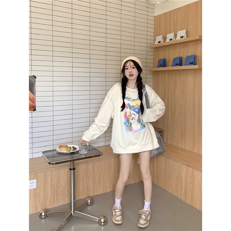 Áo Nỉ Sweater Chỉ Nổi Màu Kem In Hình Cute, Áo Nỉ Nữ Đáng Yêu