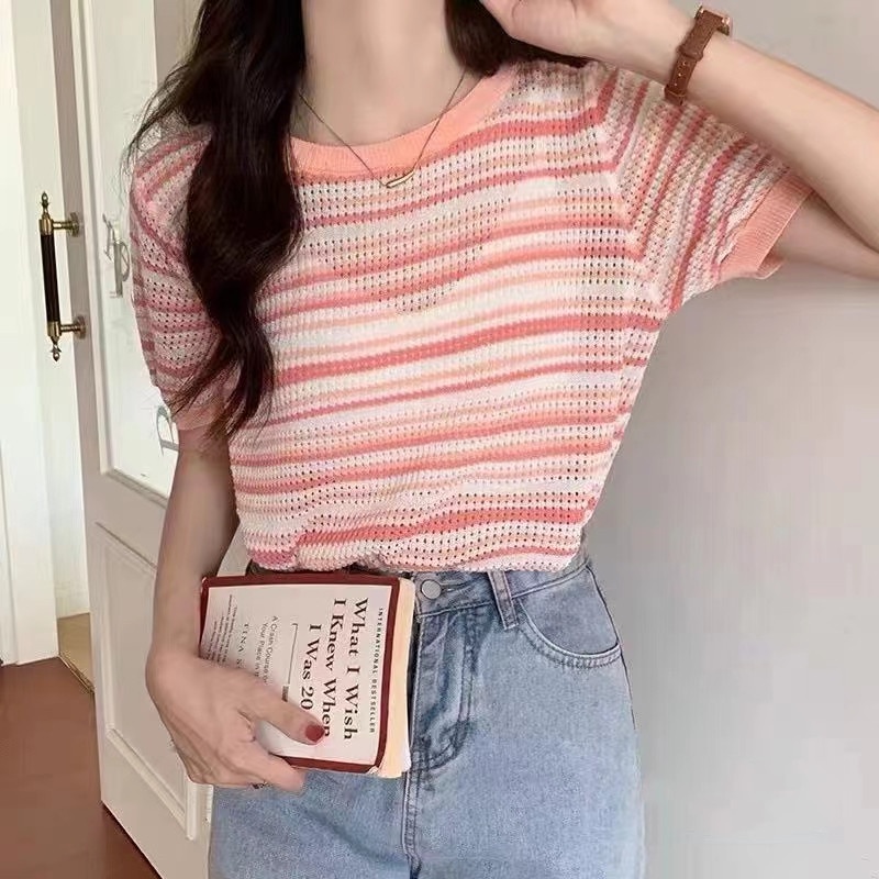 Áo Thun Mỏng Tay Ngắn Kẻ Sọc Thời Trang Mùa Hè 2022 Cho Nữ