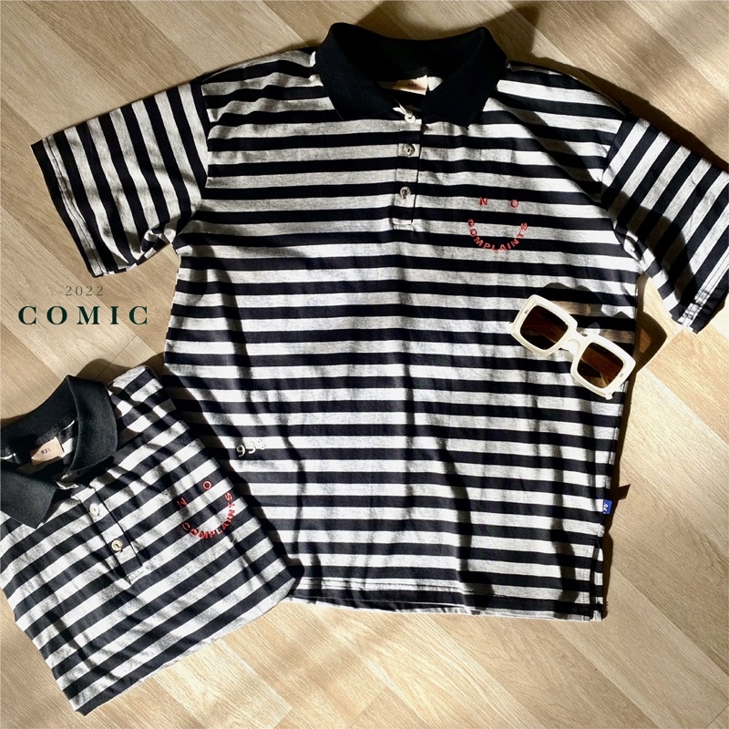 Comic - Áo Polo kẻ ngang in cao su nổi 93%