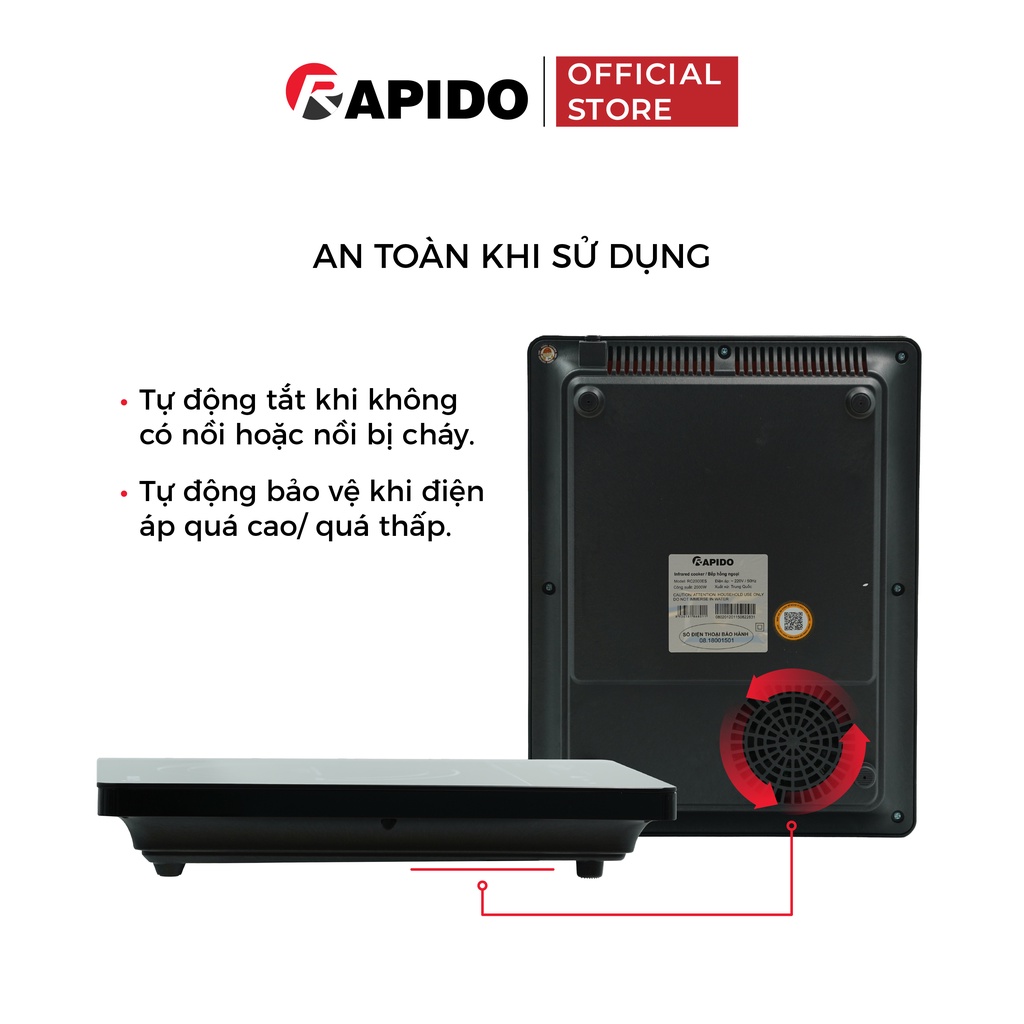 Bếp hồng ngoại đơn Rapido RC2000ES 2000W 8 mức điều chỉnh, nấu nhanh tiết kiệm điện, phù hợp mọi gia đình