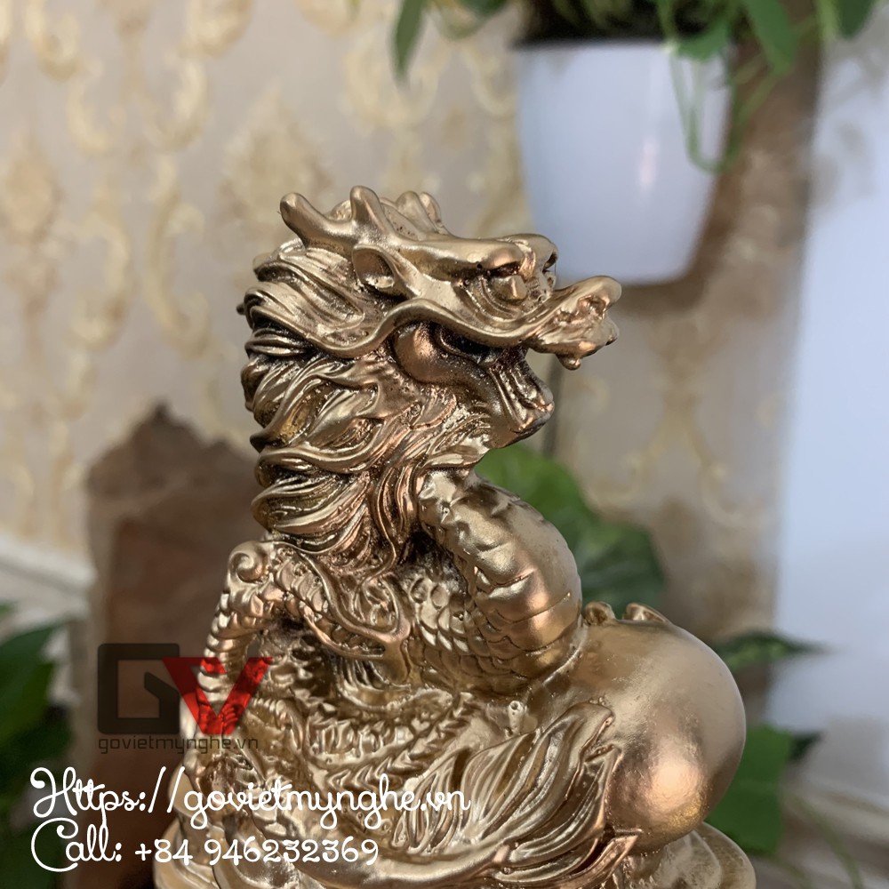 Tượng đá con rồng trang trí phong thủy bàn làm việc kệ sách mang may mắn chiêu tài lộc - Màu Nhũ Vàng - Cao 11cm
