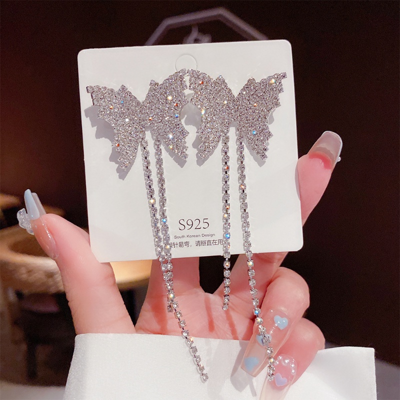 Bông Tai Dáng Dài Phối Tua Rua Hình Bướm Đính Đá Phong Cách Hàn Quốc Sang Trọng Thời Trang