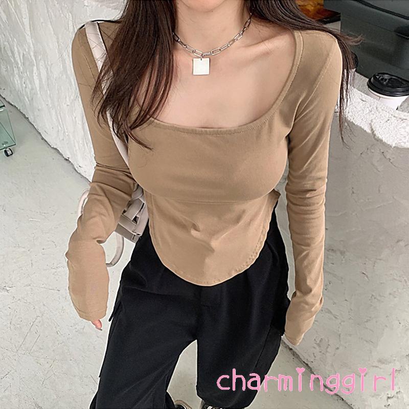 Áo thun nữ tay dài cổ vuông màu sắc trẻ trung