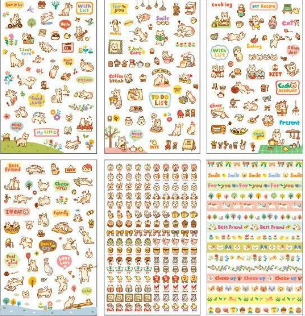 Sét 6 tờ sticker hình dán trang trí sổ dễ thương/ Miếng dán sticker động vật hoạt hình cute giá sỉ rẻ