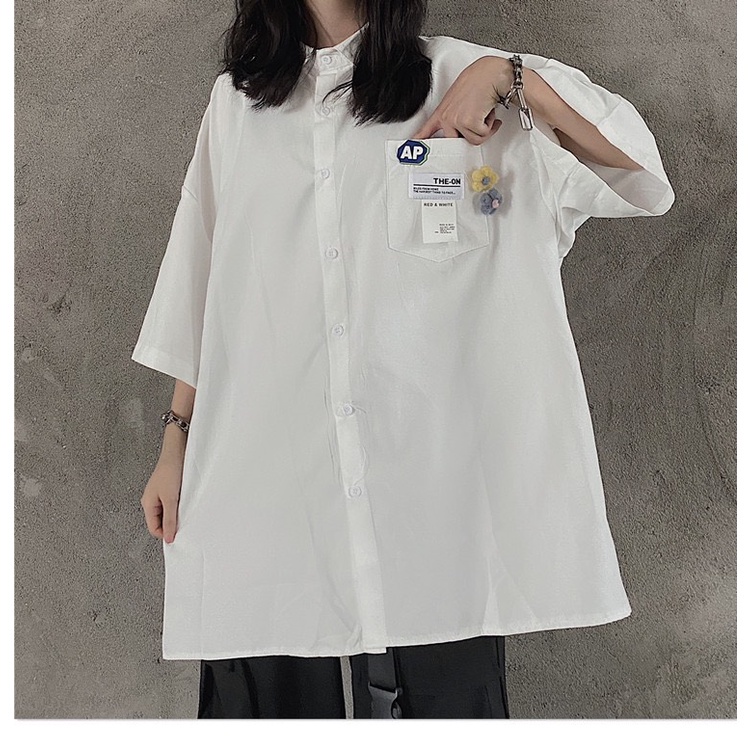 Sơ mi RUBY RUBY  logo tem có túi, chất thô lụa dầy from rộng unisex bazic, nam nữ mặc được