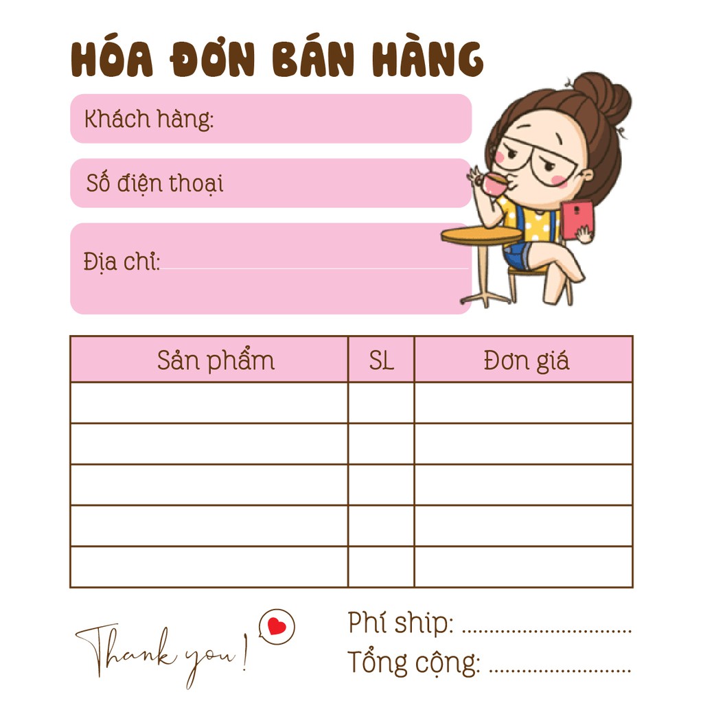 Hoá đơn bán hàng mini 1 liên siêu dễ thương mẫu cô gái áo vàng - V