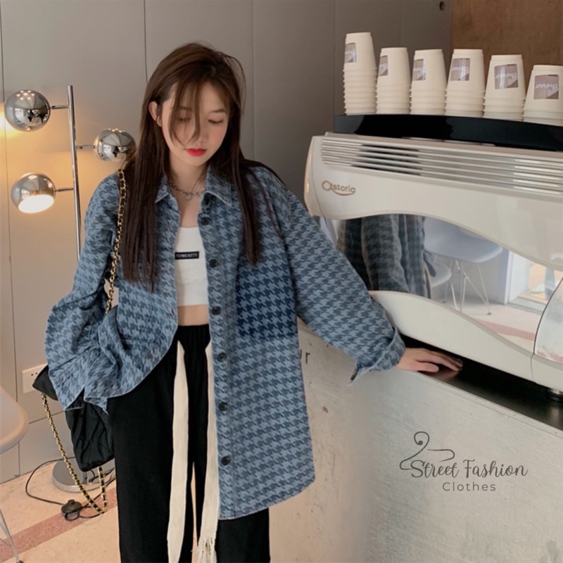 Áo khoác sơmi nữ dài tay form rộng hoạ tiết thời trang