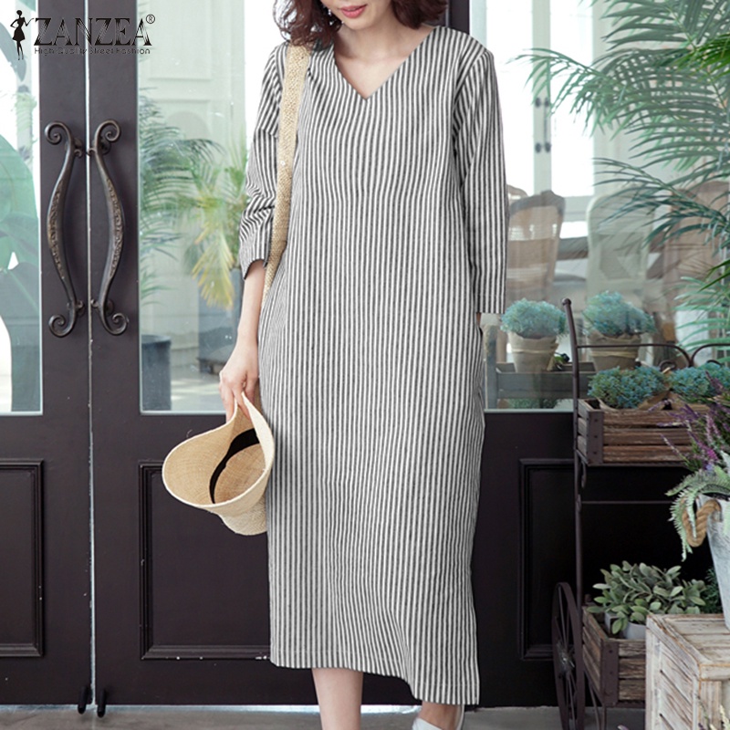 Đầm Zanzea tay lửng 3/ 4 cổ chữ V họa tiết sọc thời trang cho nữ