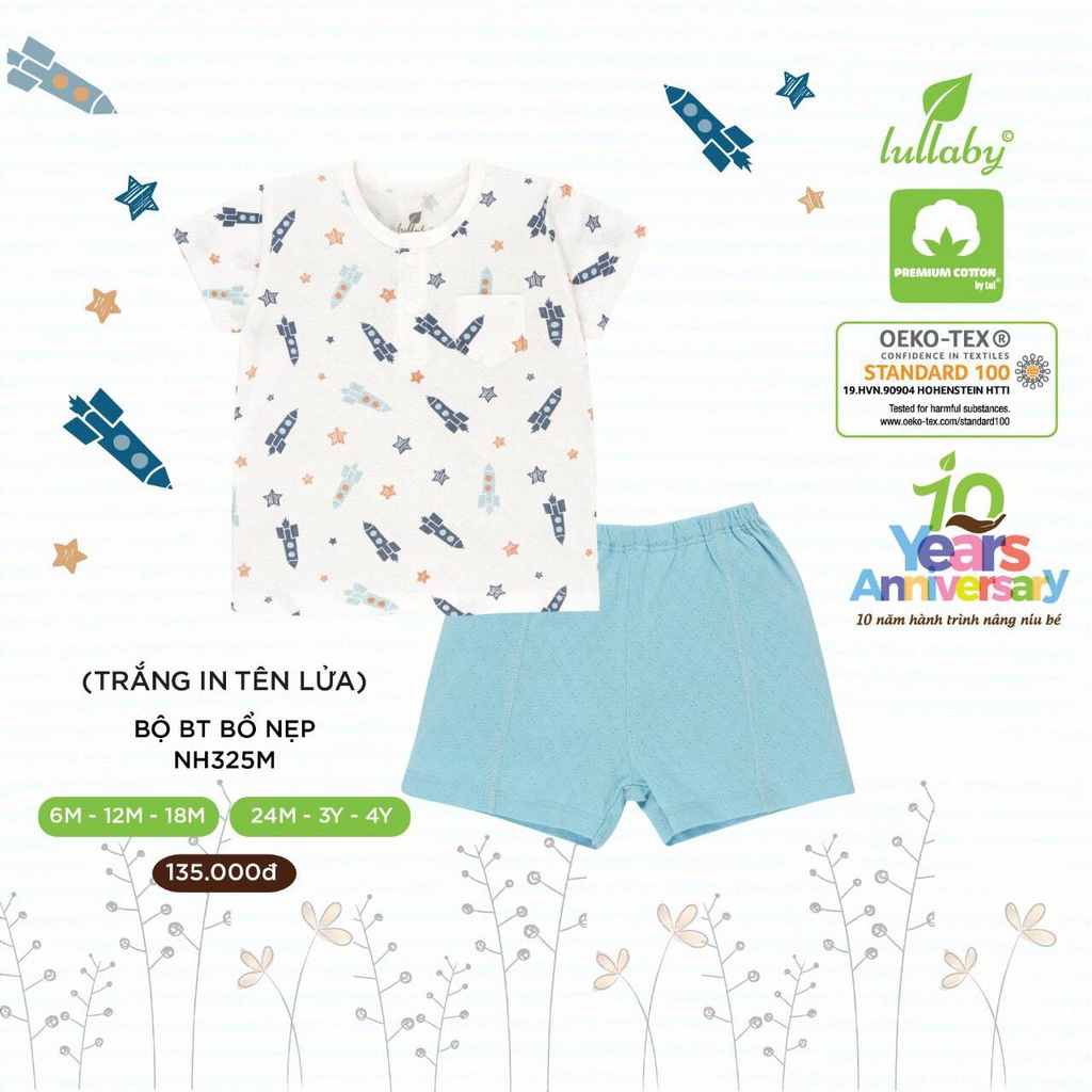 Bộ QA cộc tay bé trai 100% cotton mới Lullaby cao cấp mềm mịn thoáng mát thấm hút tốt NH325M NH343M