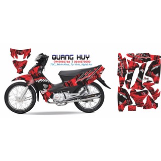 TEm trùm cá mập wave đỏ đen mới, độ team dán phủ decal xe máy giá rẻ đẹp
