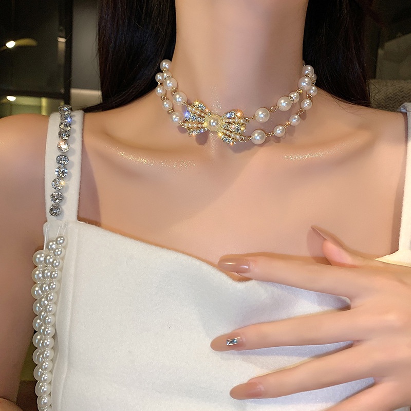 Vòng cổ Mặt Nơ Đính Ngọc Trai Phong Cách Hàn Quốc Mới