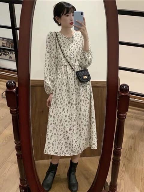 Váy Babydoll Ulzzang cổ tim hoa nhí tay chun ( hình thật, sẵn)