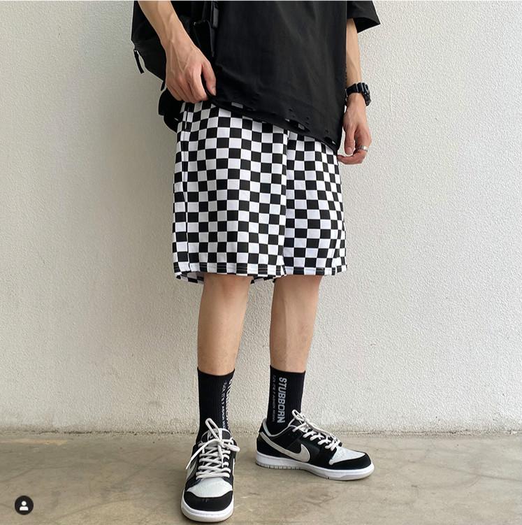 Quần Short Cotton Kẻ Sọc Caro Trắng Đen Phong Cách Hip Hop Thời Trang Mùa Hè